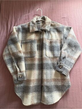 Plaid Cream, Brown, and Grey Jacket